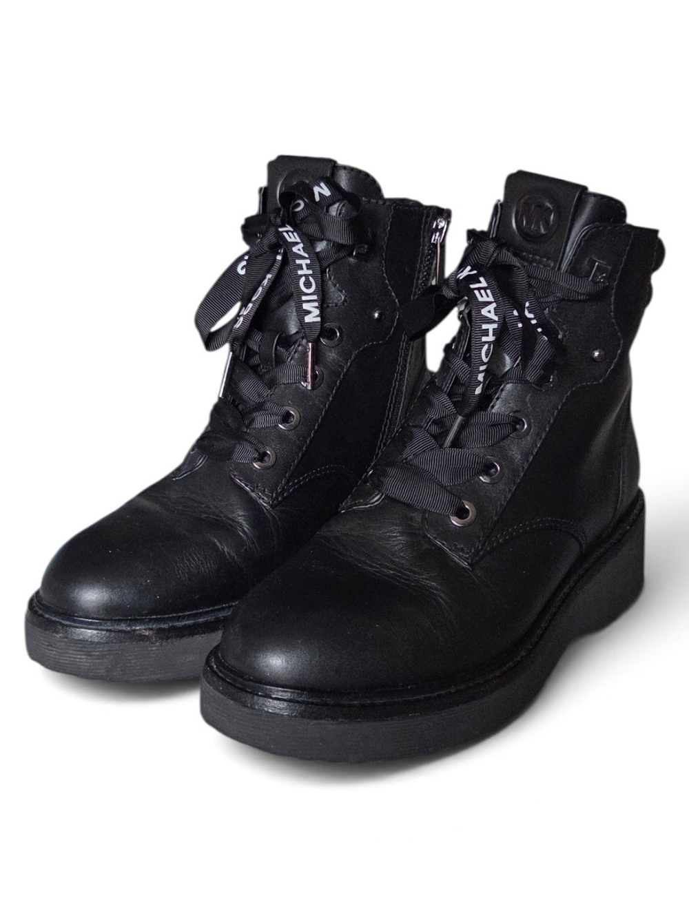 Michael Kors Women's Black Leather Lace Up Combat Ankle Boots Side Zip Size 6.5M